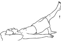 Side view of a woman lying on her back with her arms by her sides, palm down. She has one bent leg. Her other is straight, and she's lifting it toward the ceiling This strength training exercise is called a single-leg bridge.