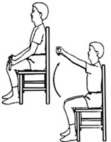 Side view of a person sitting in a chair holding a dowel rod in front of them and lifting it up. This is called a dowel raise.
