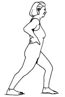 Side view of a woman standing in a lunge position, with one leg bent in front of her and the other straight behind her.