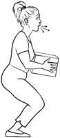 Image of a person with bent knees exhaling while lifting a heavy object, to conserve energy..