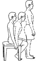 Man standing up from a seated position, as part of strength training routine. This is called a modified knee bend.