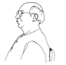 Line drawing of a man with glasses doing pursed lip breathing.