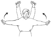 Person holding small hand weights at their sides and lifting their arms in an arc above their head as part of a strength training routine. This is called a standing arc.