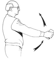 Man holding an object and lifting it up as part of a strength training routine. This is called a weighted arm raise.
